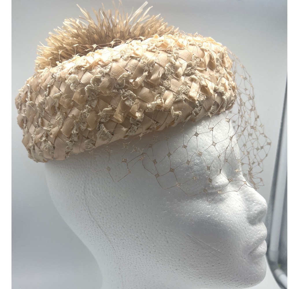 Vintage Cellophane Straw Jean Sutton Pill box Hat Spiky‎ poof on top READ